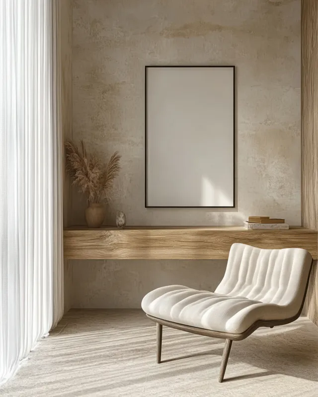 Scandinavian living room scene with framed poster mockup on neutral wall and soft sunlight with Interior Design