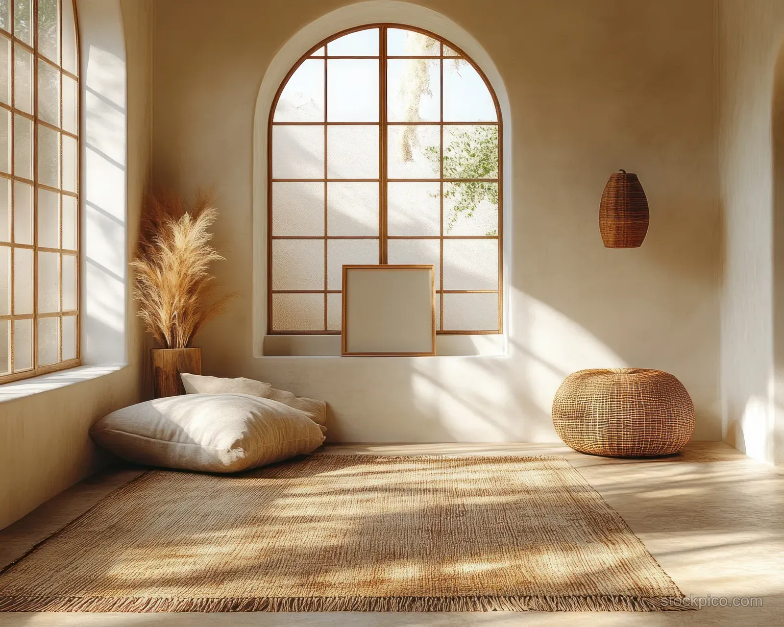 Scandinavian living room interior with wooden window, soft cushions, and minimalist decor in warm sunlight.