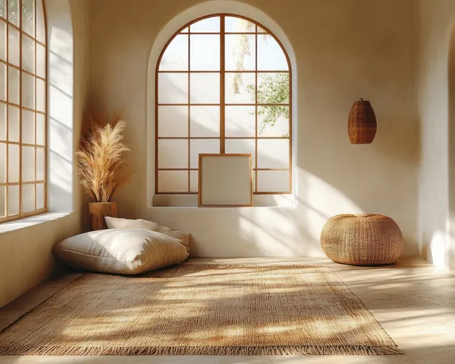 Scandinavian living room interior with wooden window, soft cushions, and minimalist decor in warm sunlight.