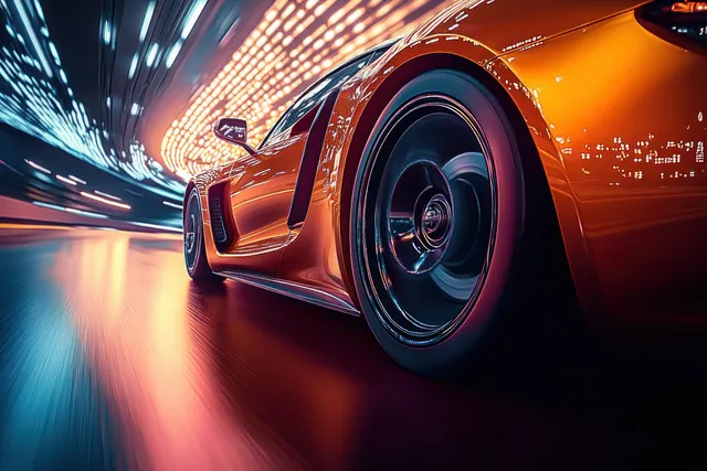 A sport car speeds through a neon tunnel at night, with glowing light trails and motion blur.