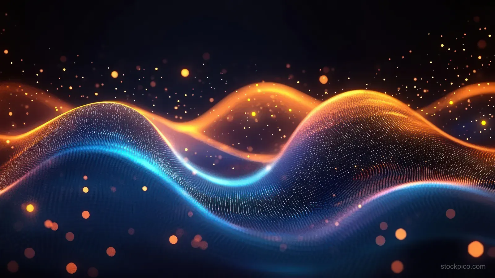 Abstract neon waves with glowing particles on a dark background.