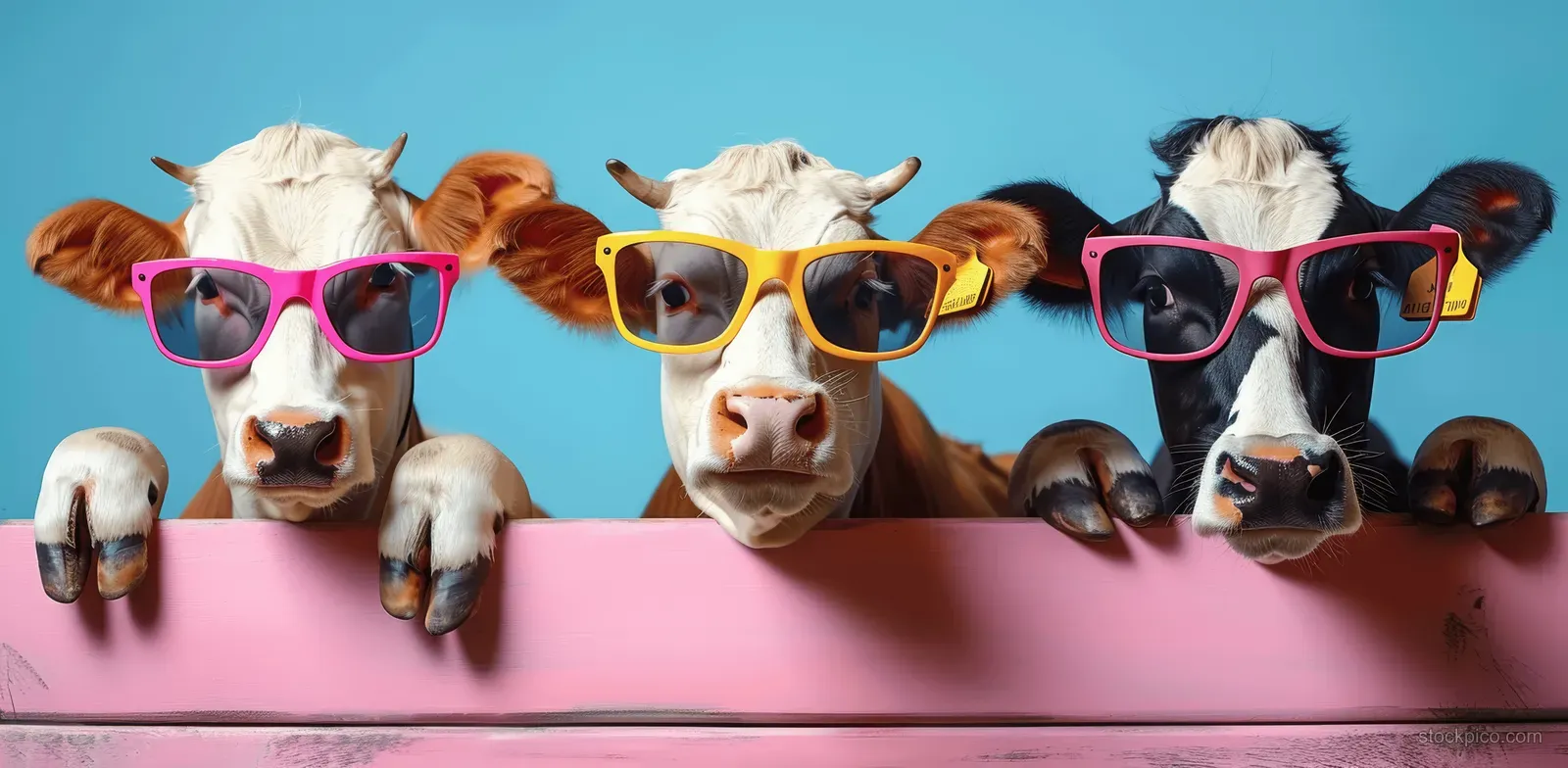 Colorful cows wearing oversized sunglasses peek over a pink table against a solid blue background.