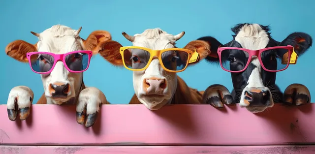 Colorful cows in oversized sunglasses peeking over a pink table against blue background with Pop Art Poster