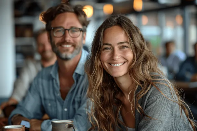Two smiling colleagues sit at a modern office table with coffee mugs during a group meeting.