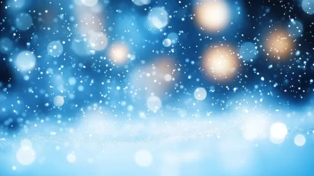 Soft falling snowflakes over a blue winter scene with glowing blurred lights