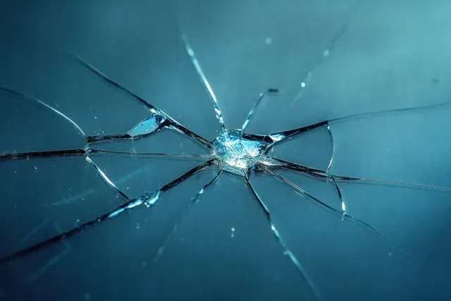 Close-up of a cracked car windshield with radiating fracture lines and reflective shards around an impact point.