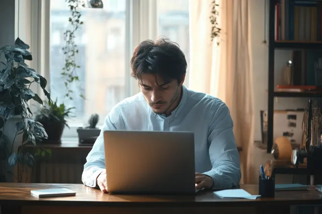 Thoughtful Indian businessman working on laptop in minimalist office with window light