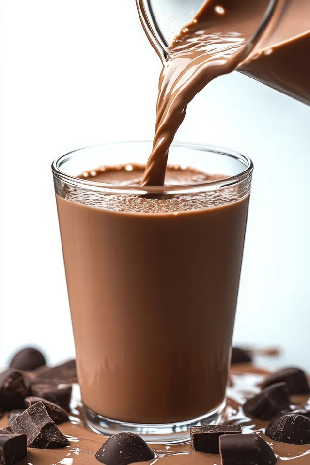 Creamy chocolate milk pouring into a glass with dark chocolate chunks on white background