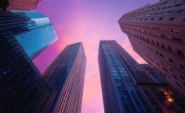 Low-angle view of skyscrapers with reflective glass facades against a vibrant pink and purple sunset sky.