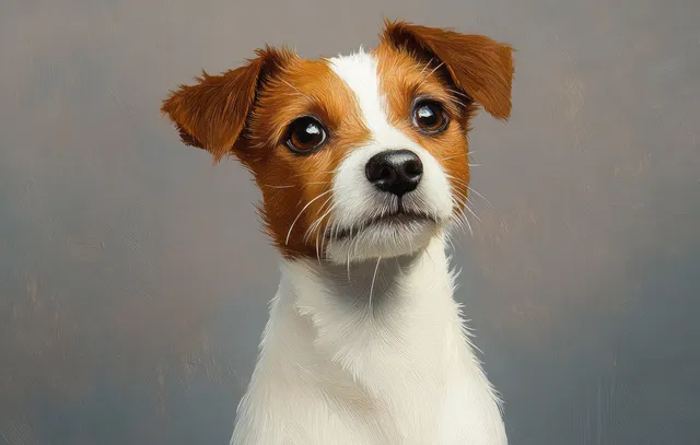 Small brown and white dog portrait looking slightly upward with expressive dark eyes