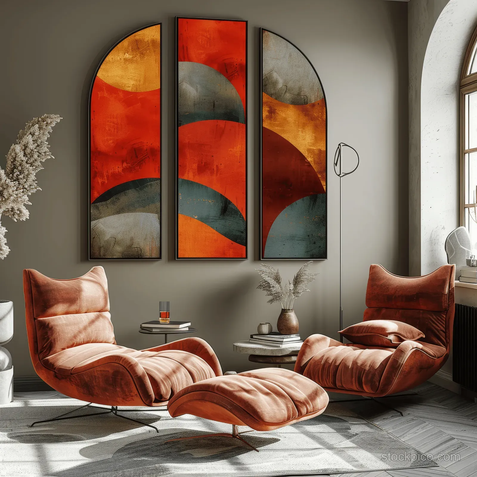 Blue armchairs on a rug beside a wooden coffee table beneath a large arched framed mid-century art piece.