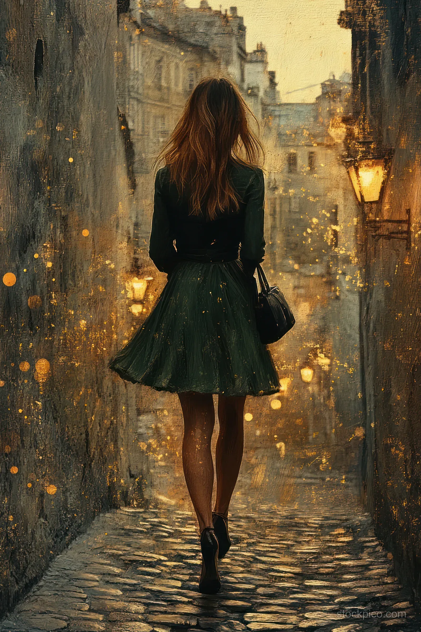 Woman walking through a narrow cobblestone alley wearing a green skirt, black top, and high heels under warm sunset light.