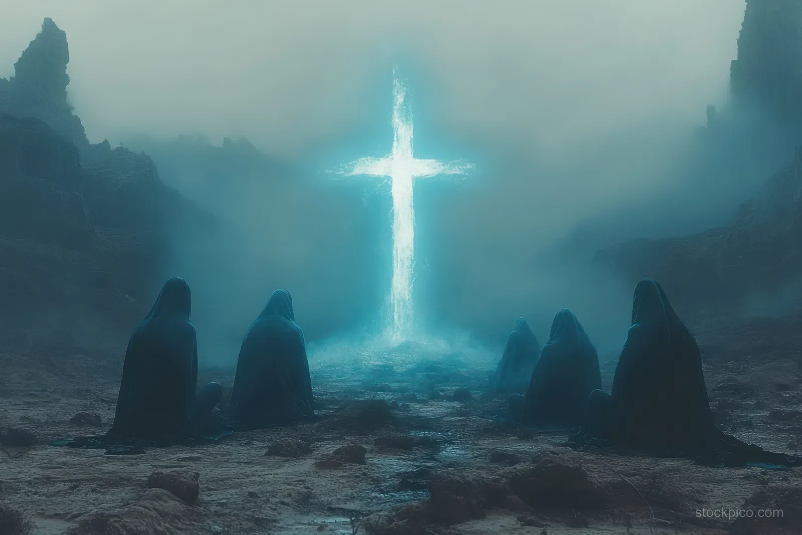 Hooded silhouettes in a desert surround a glowing cross rising through misty storm light.