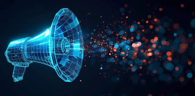 A neon wireframe megaphone shines light particles across a dark digital grid background.