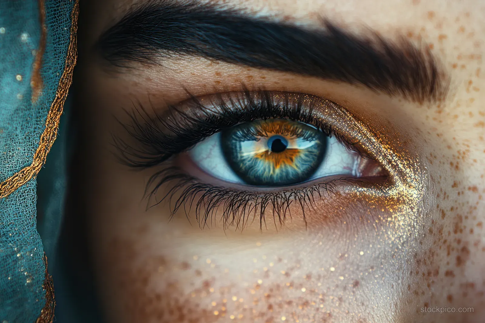 Close-up of a woman’s blue eye with intricate eyeliner and glitter-like aesthetic details on skin.