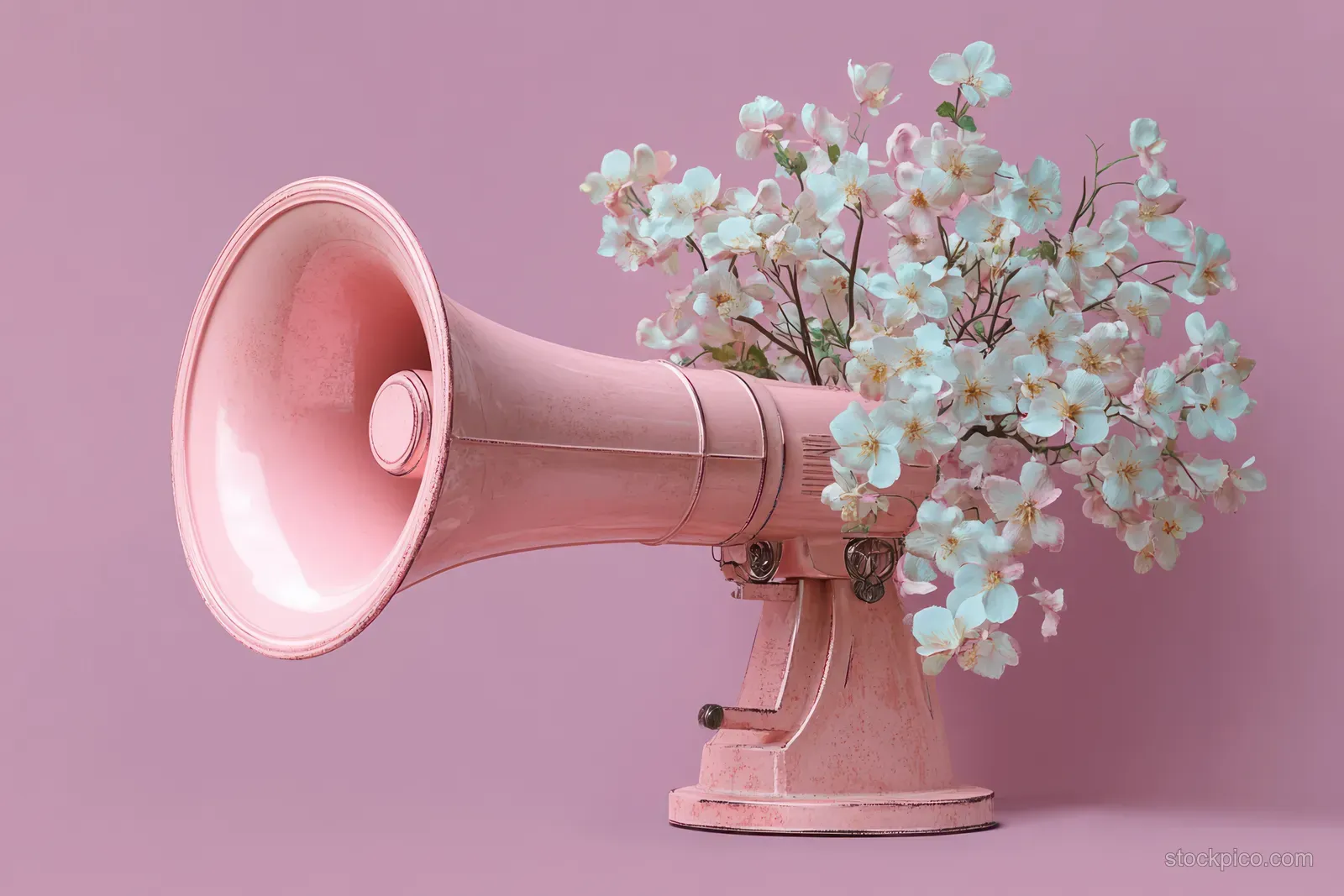 Vintage pink megaphone with white and pink flowers blooming from its back on a soft pink background.