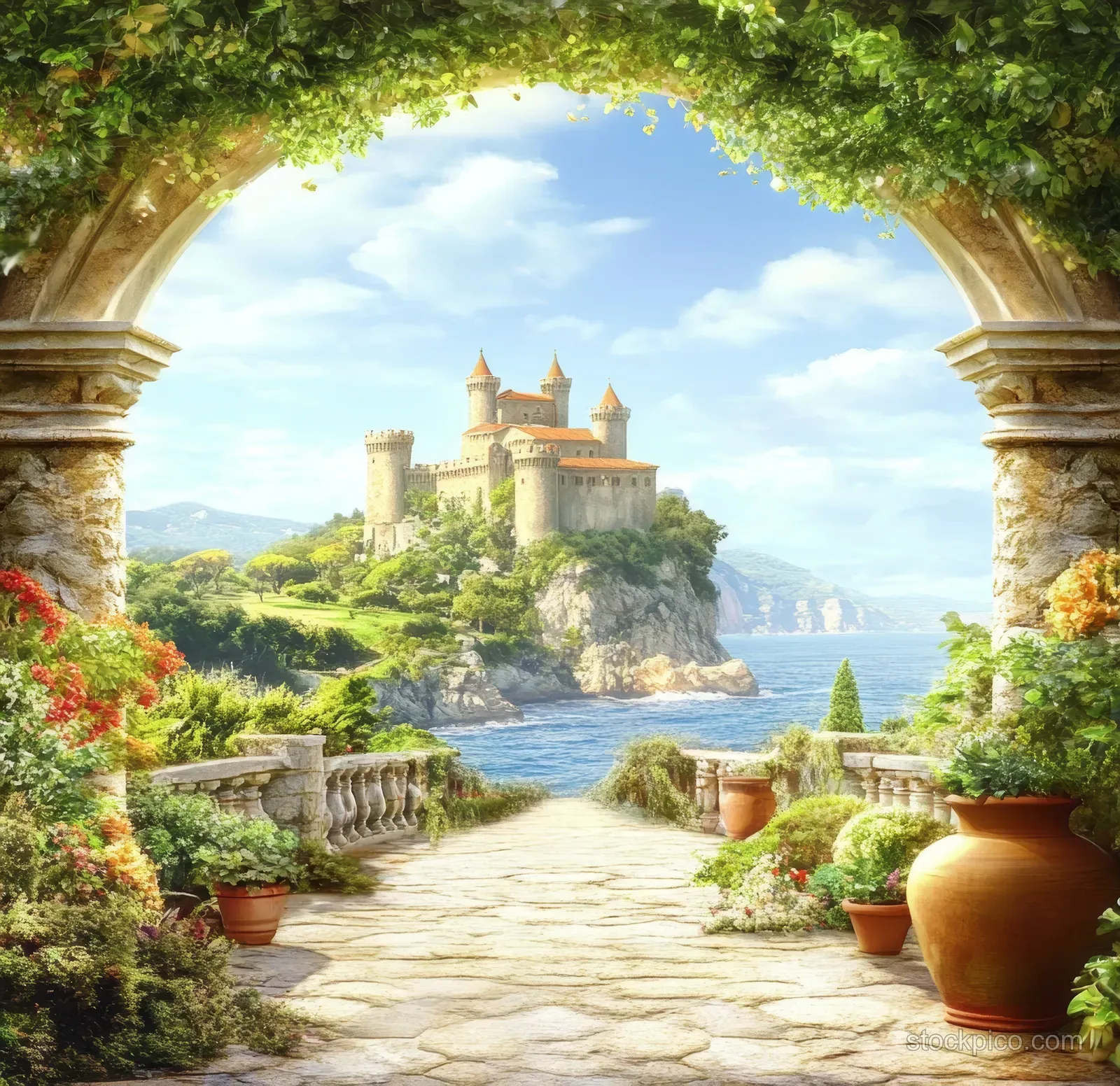 A garden pathway passes through a stone archway toward a hilltop castle overlooking the bright sea.