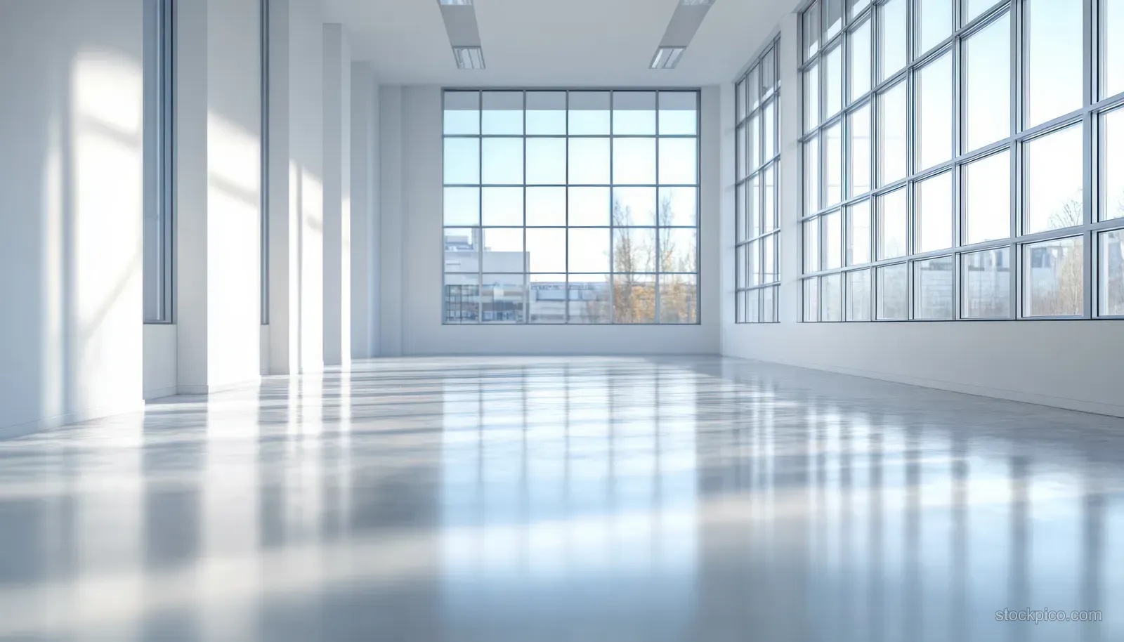 Empty bright office interior with floor-to-ceiling windows and a reflective polished floor under daylight.