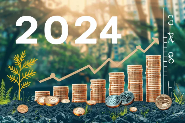 2024 business growth concept: tree sprouting from coins beside an upward finance graph
