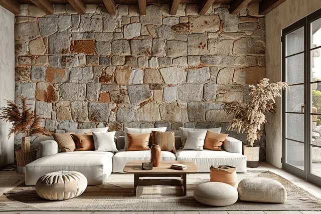 White modular sofa and wooden coffee table sit in a beige terracotta living room against an old stone wall near a window.