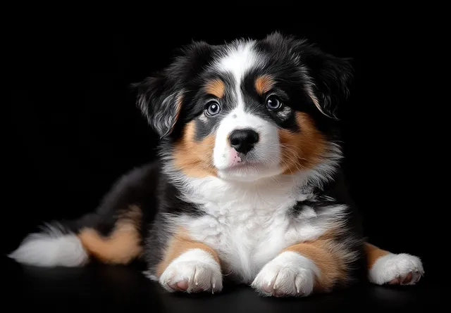 Tricolor puppy lying down against a black background, looking attentively with bright eyes.