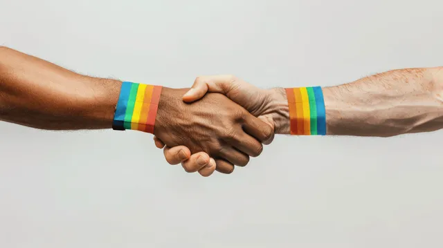 Handshake between two people wearing rainbow wristbands to symbolize unity and inclusion
