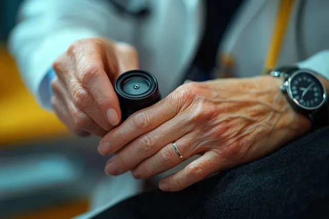 Dermatoscope inspection of a woman’s hand moles by a dermatologist in a clinic setting.