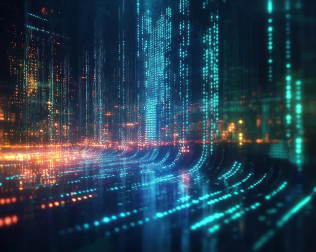 Neon teal and orange digital code streams flow across a futuristic cyberpunk skyline at night.