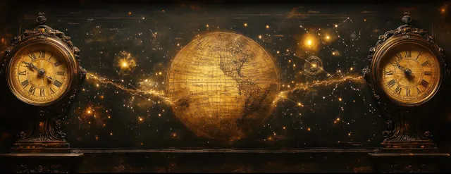 A vintage astronomy chart displays an astrolabe and ornate clock faces around a glowing globe with starry sparks.