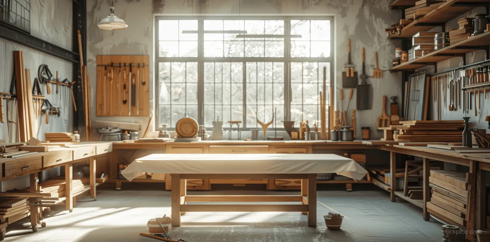 Sunlit woodworking workshop with a wooden workbench and hanging tools under a large window.