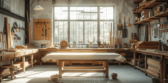 Sunlit woodworking workshop with a wooden workbench and hanging tools under a large window.