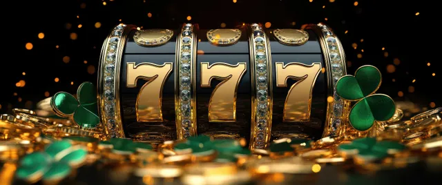 Golden slot machine reels show 777 under dramatic spotlight with clover confetti