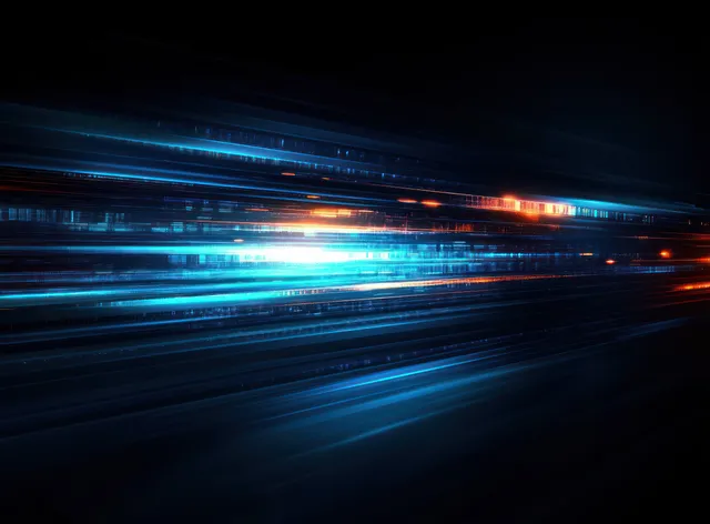 Electric blue and teal light streaks with neon glow streak across a dark abstract technology background.