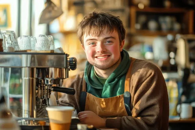 Smiling barista in apron pulls espresso and prepares a coffee cup at an espresso machine in a cozy shop.