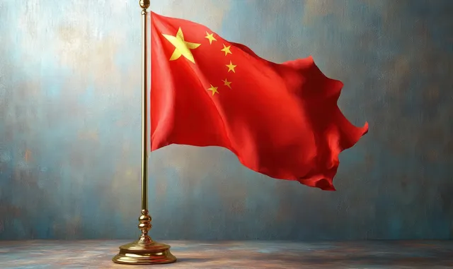 A red flag with five yellow stars waves on a golden stand against a textured blue and beige wall.