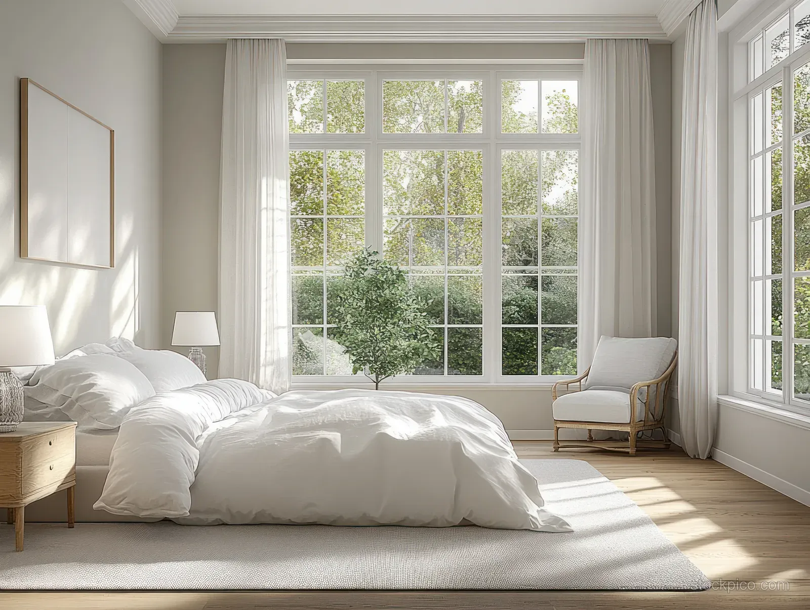 Sunlit minimalist bedroom with white bed, wooden nightstand, and large window revealing green trees.