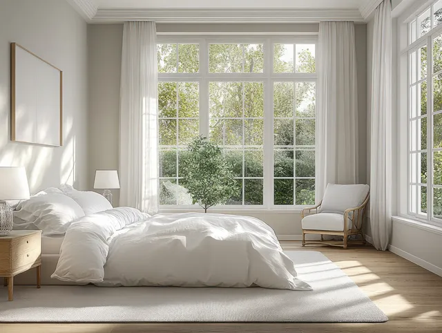 Sunlit minimalist bedroom with white bed, wooden nightstand, and large window revealing green trees.