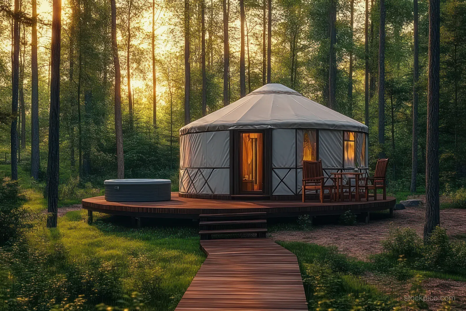 Sunset-lit yurt on a wooden deck in a forest with outdoor chairs, hot tub, and glowing interior windows.