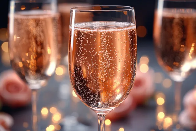 Rosé champagne flute with sparkling bubbles sits on a catered table as out-of-focus champagne glasses glow behind it.