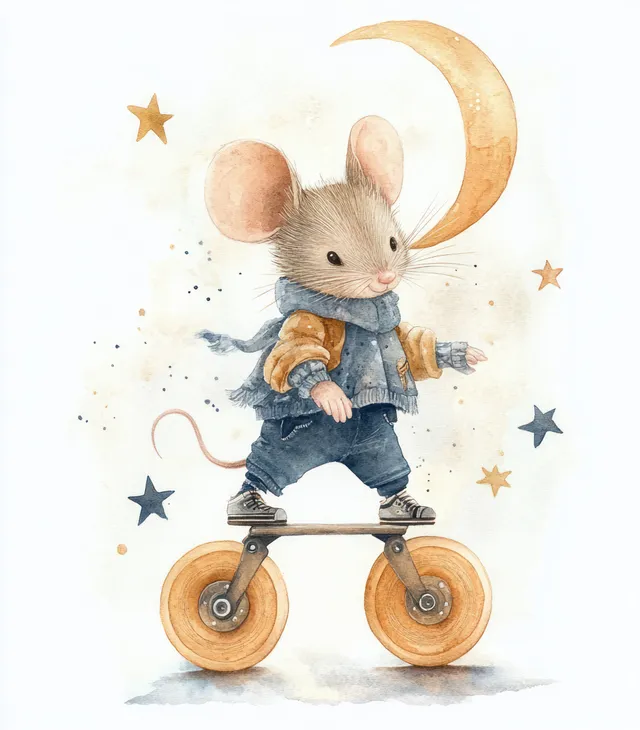 Mouse on roller skates floating through a starry moon watercolor night sky