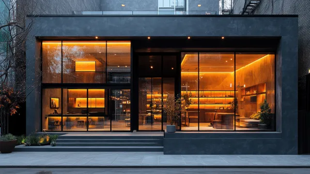 Modern storefront with large glowing glass windows and a centered entrance at dusk.