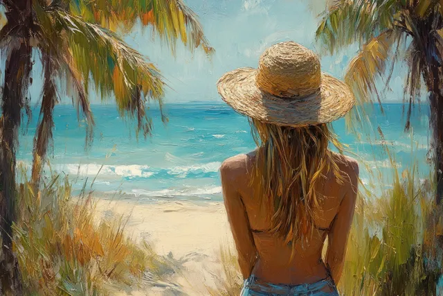 Smiling woman relaxing on sandy beach under palm trees, straw hat shielding sun