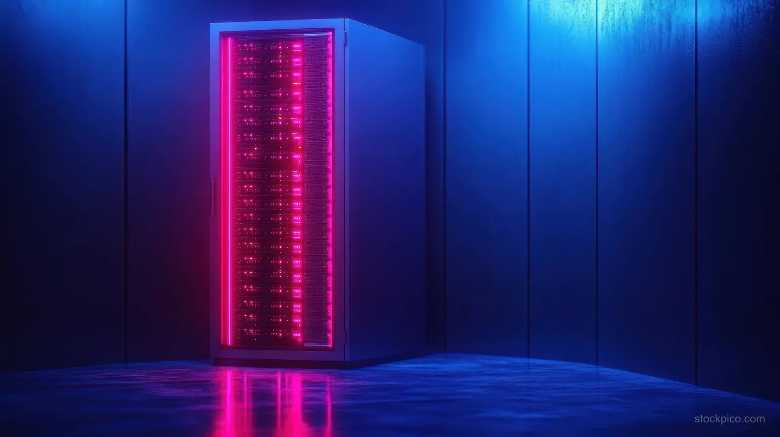 A single server rack with red and purple LEDs glows in a dark blue minimalist room with a reflective floor.