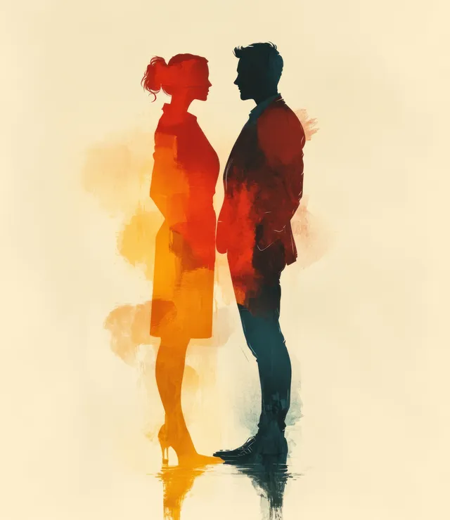 Two business professionals stand together in stylized silhouettes with warm colors on a white background.