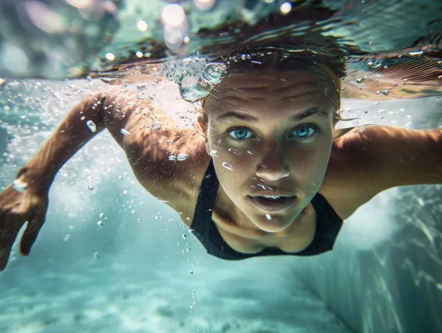 Underwater breaststroke swimmer with sweeping arms and bubbles in a turquoise pool.