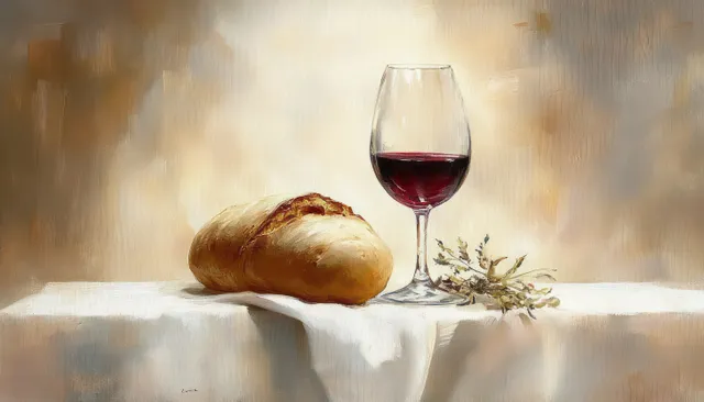 A glass of red wine sits beside bread on a cloth-covered altar table with softly lit background and small sprigs.