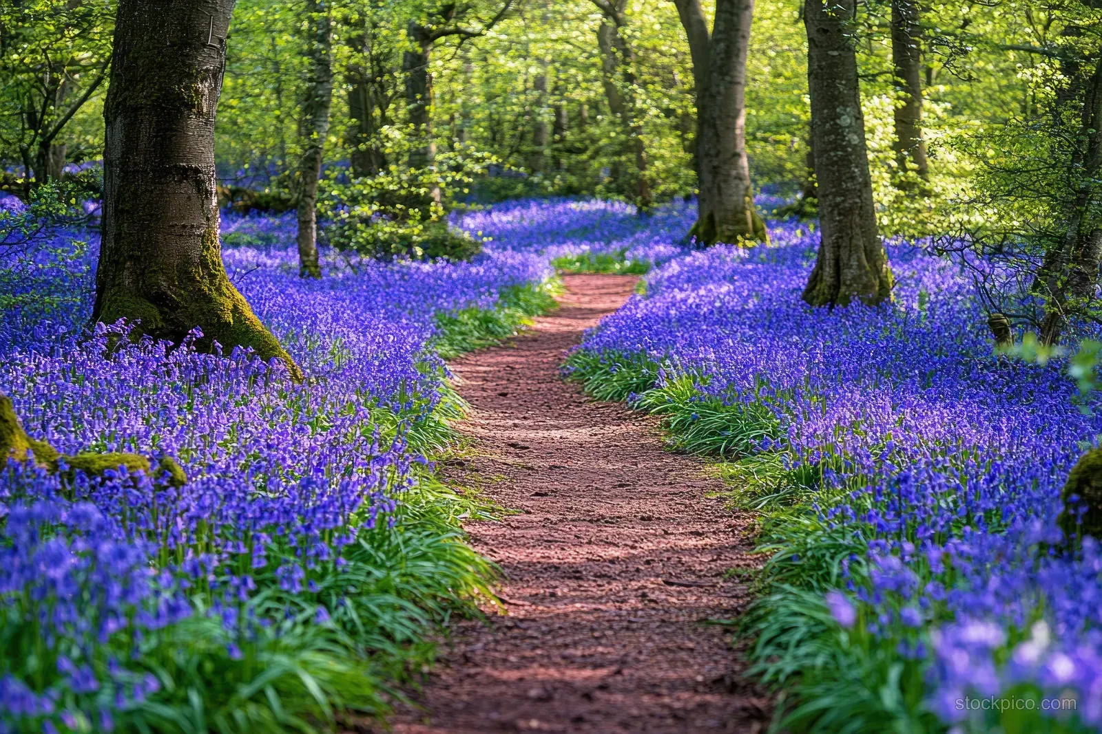 A dirt path winds through a forest covered in purple wildflowers under sunlit tree trunks.