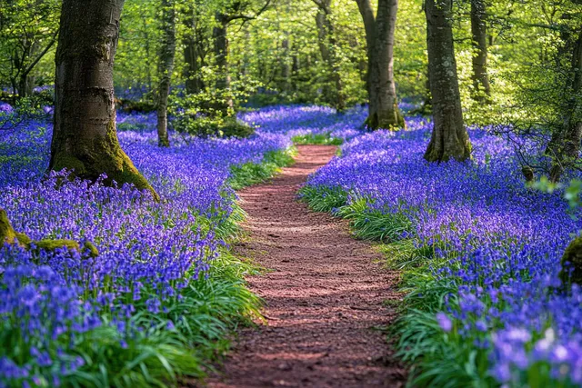A dirt path winds through a forest covered in purple wildflowers under sunlit tree trunks.