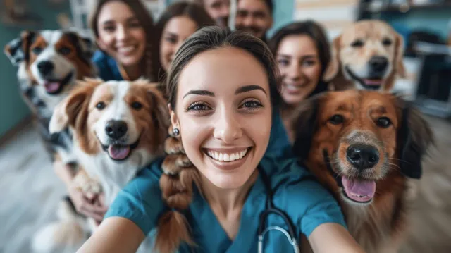 Smiling veterinarians hold a phone for a selfie while two dogs sit nearby inside a sunlit clinic lobby.