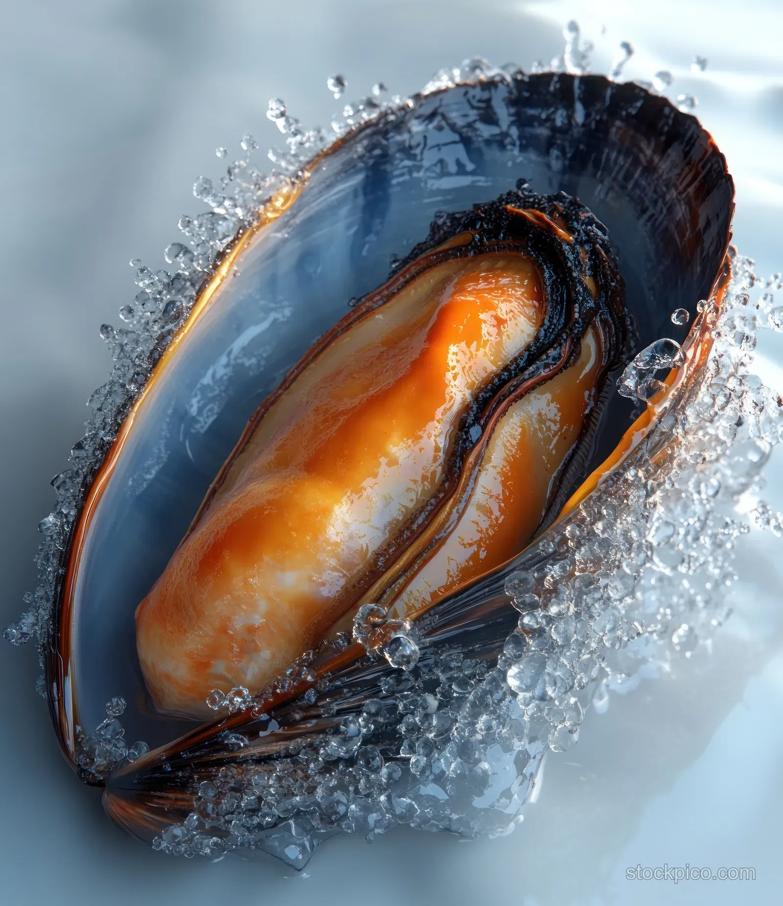 Open mussel shell with orange meat and water droplets splashing, isolated on a white background.